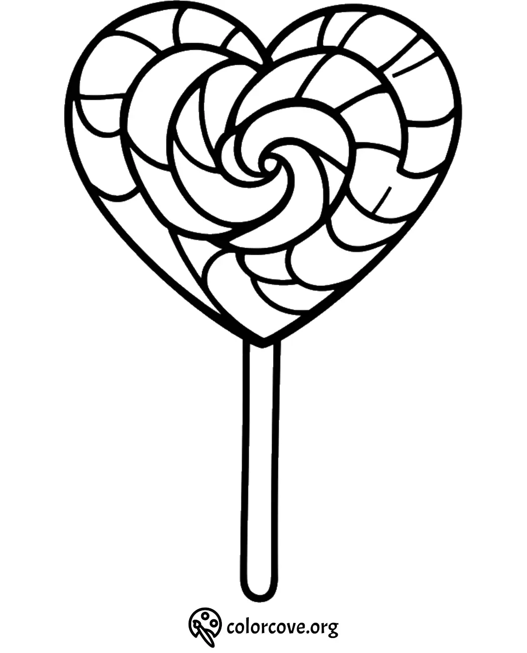 Heart-shaped lollipop coloring page with intricate swirls, perfect for kids and stress relief.