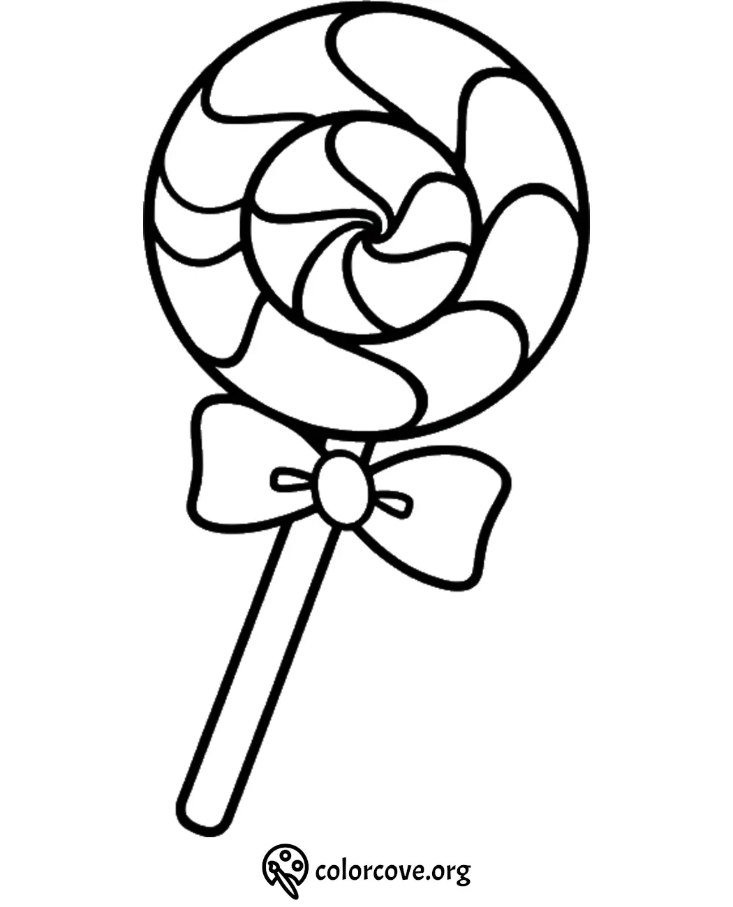 Lollipop coloring page with a swirled design and bow, perfect for kids' creative activities and fun coloring sessions.