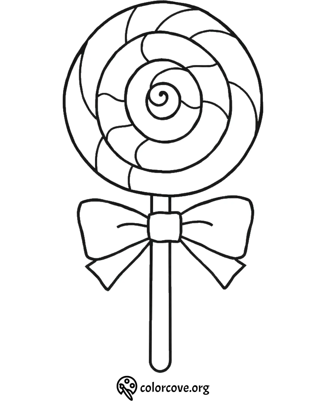 Lollipop coloring page with bow, black and white design for kids' creative coloring activities.