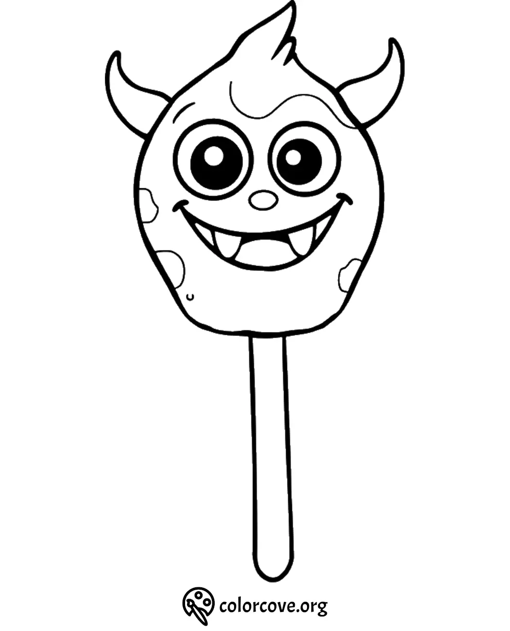 Monster popsicle coloring page with horns and a big smile, ready to color for kids' fun and creativity.