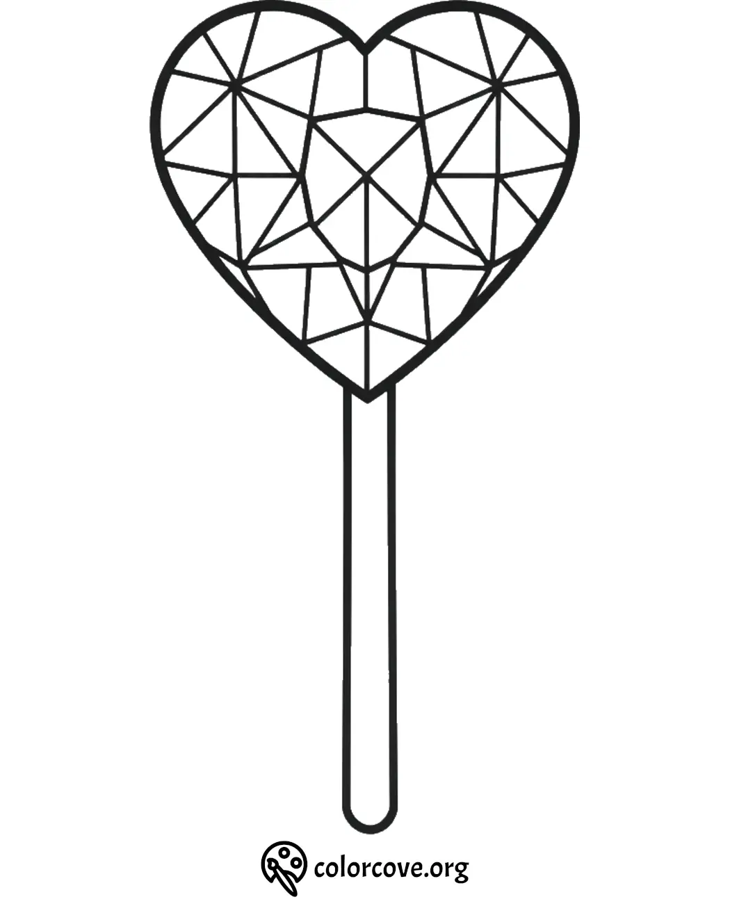 Geometric heart lollipop coloring page, featuring an intricate triangle pattern for creative coloring fun.