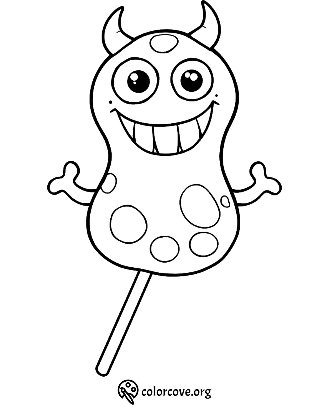 Coloring page with a cute, smiling monster on a stick, featuring large eyes and spots, perfect for kids' creativity.