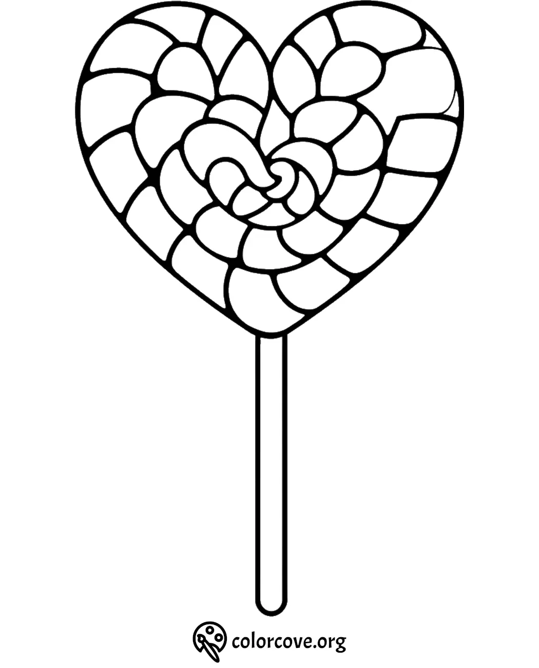 Heart-shaped lollipop coloring page with intricate patterns, perfect for kids and adults to color.