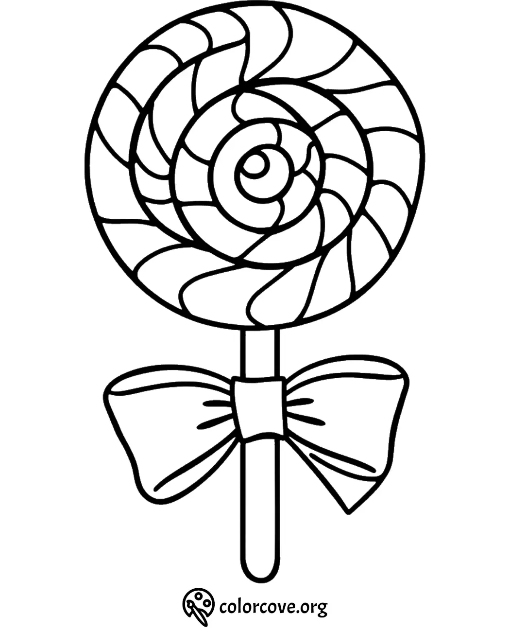 Lollipop coloring page with a spiraled design and ribbon bow, ideal for kids' creative activities.