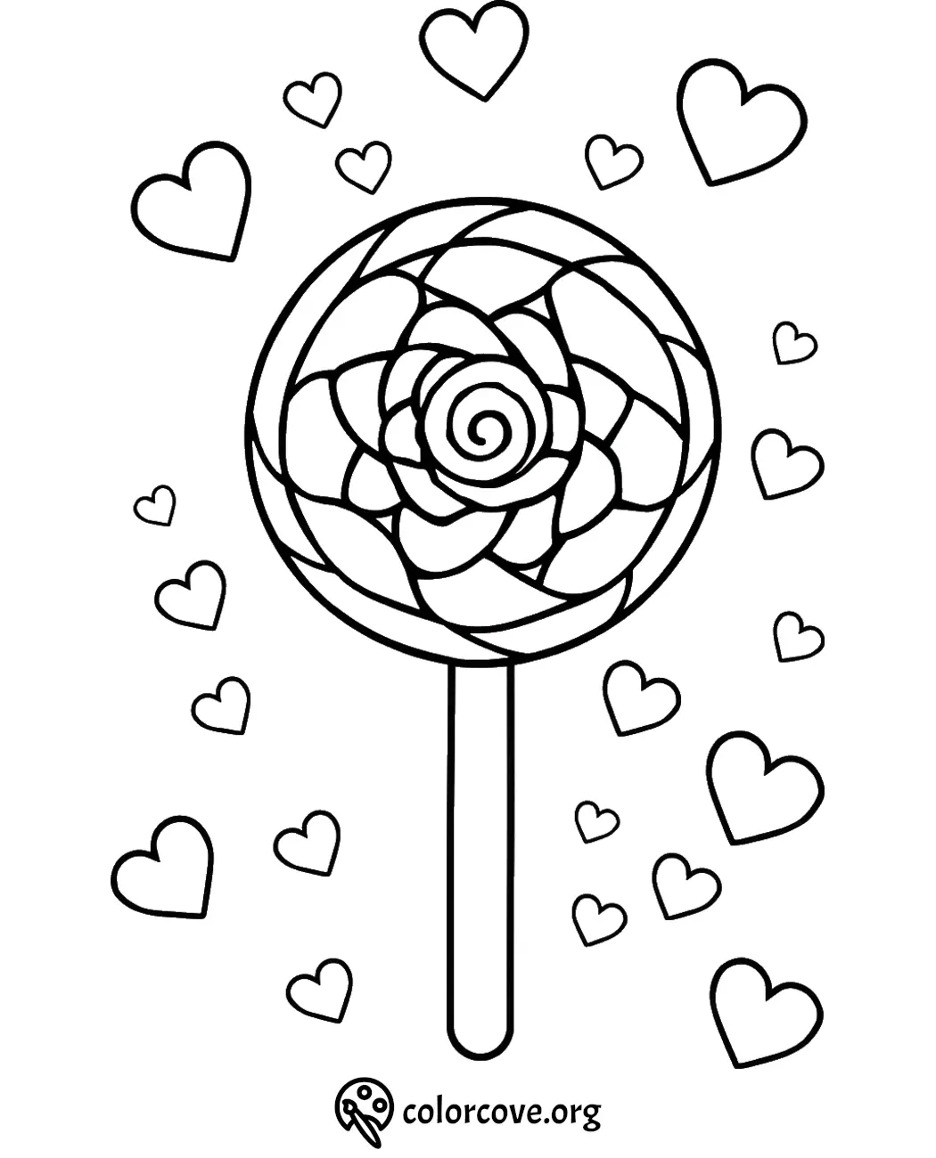 Coloring page: intricate lollipop design with heart accents, perfect for creative coloring enthusiasts.