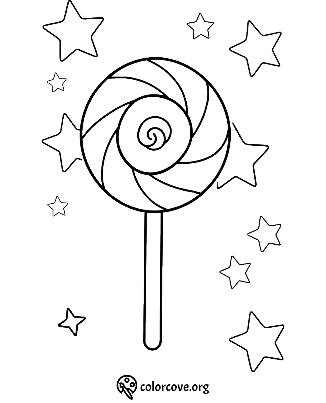 Coloring page featuring a swirled lollipop with stars surrounding it. Fun and creative drawing for kids.