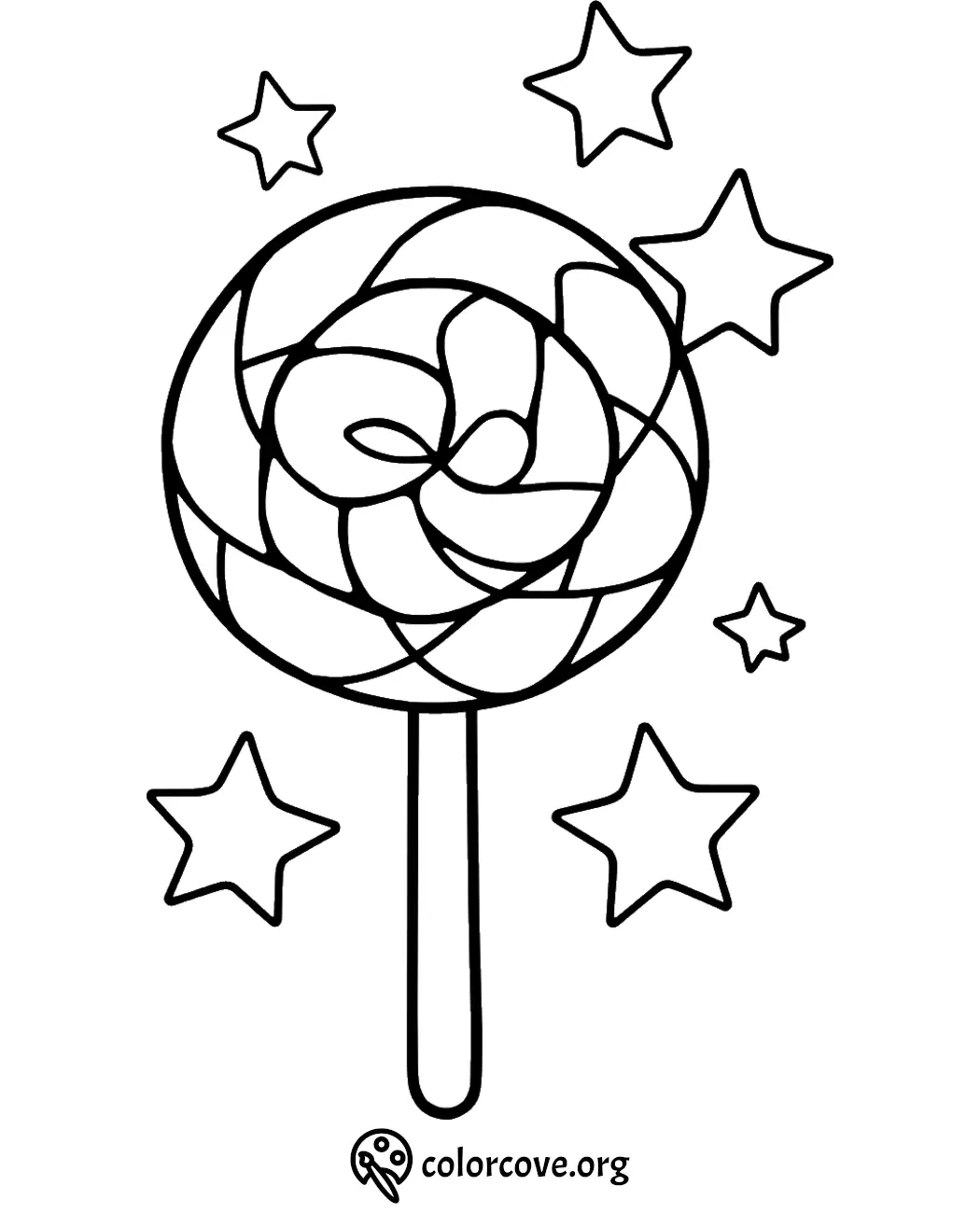 Coloring page featuring a swirly lollipop with stars, perfect for kids' art activities and creativity.