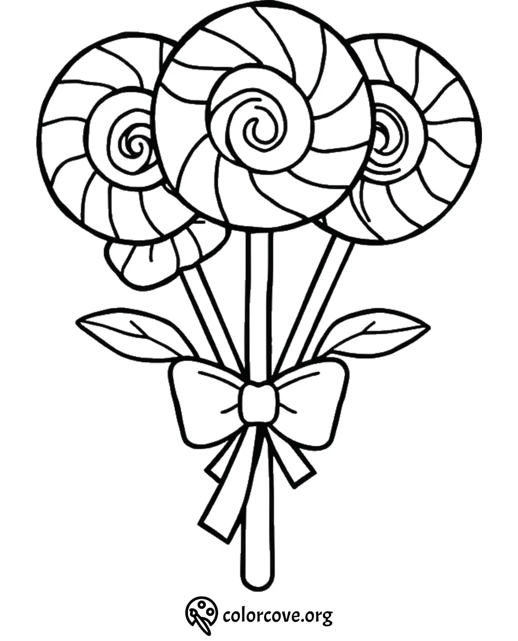 Coloring page of a lollipop bouquet with spirals and a bow, designed for kids to color.