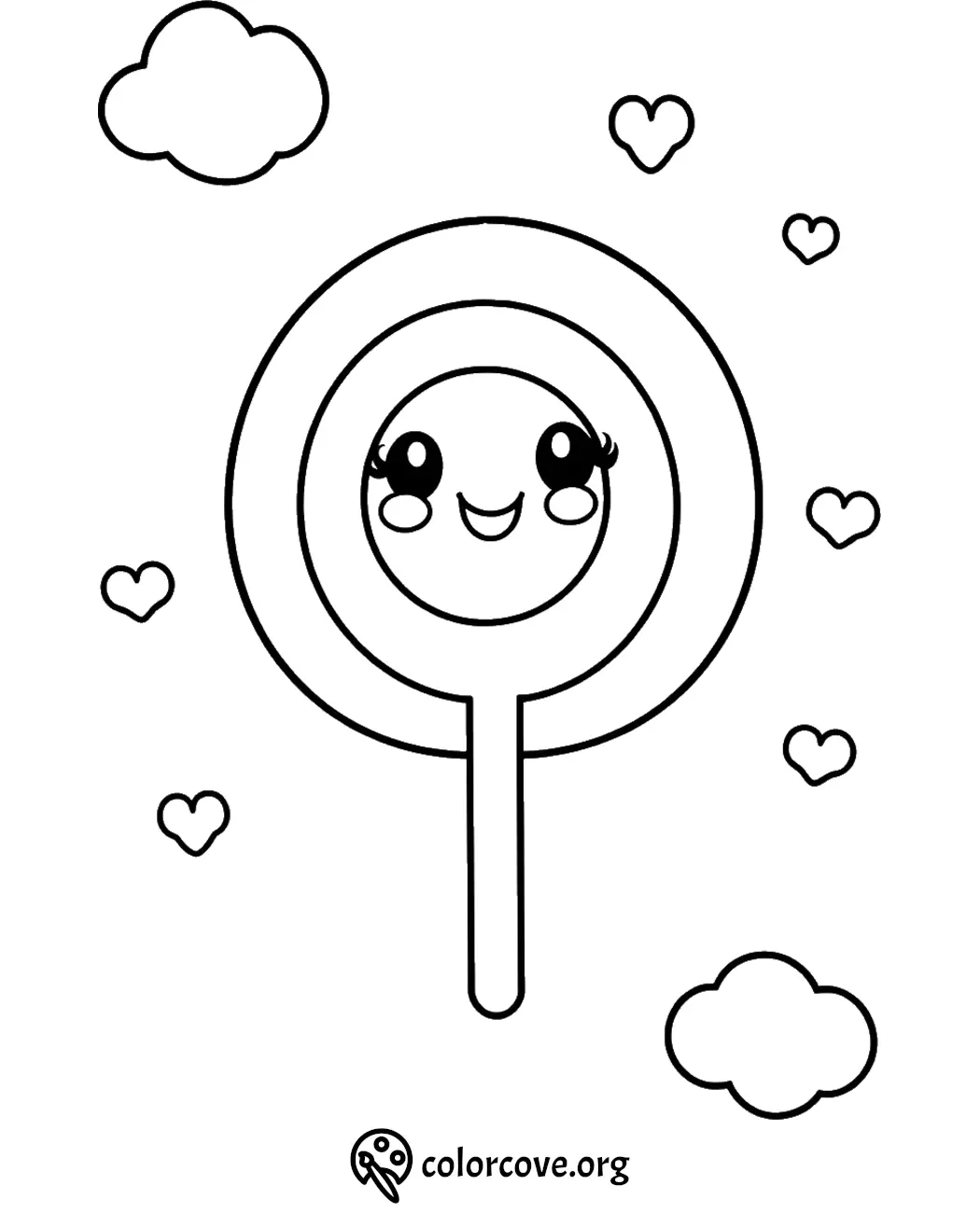 Cute lollipop coloring page with smiling face, surrounded by hearts and clouds, perfect for kids’ creative fun.