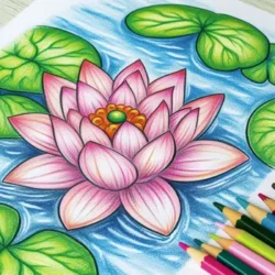 Coloring page of a lotus flower with green lily pads and colored pencils; ideal for relaxation or art therapy.