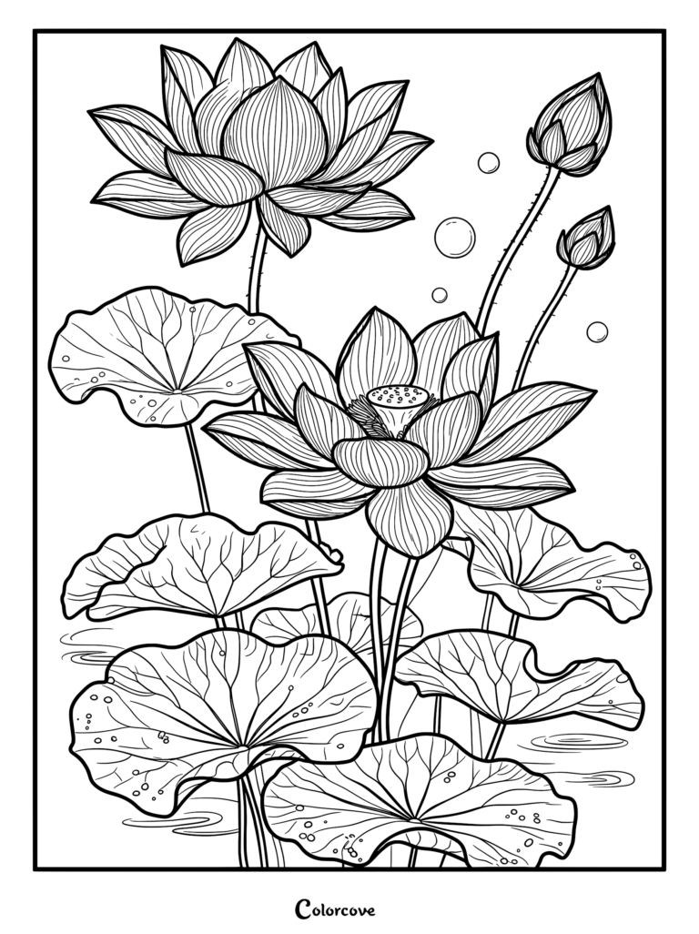 Intricate line art coloring page featuring two blooming lotus flowers, two closed buds, and large lily pads in a pond with bubbles.