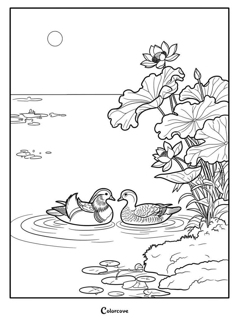 A printable coloring page featuring two Mandarin ducks swimming in a pond near blooming lotus flowers and large lily pads under a sunlit sky.