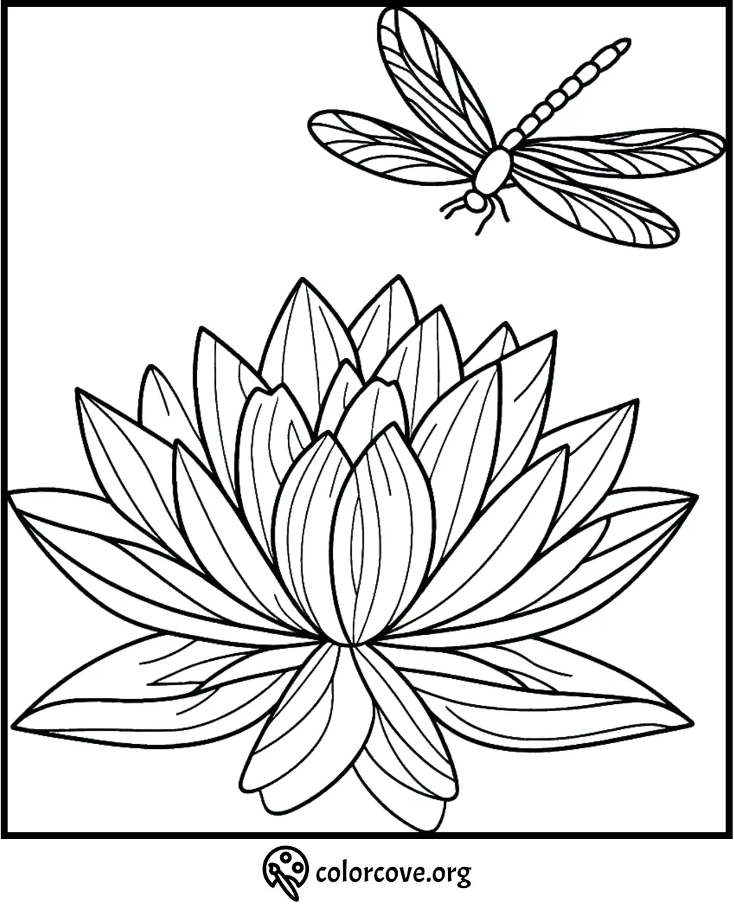 Lotus flower and dragonfly coloring page for kids and adults to print and color.