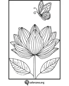 Lotus flower and butterfly coloring page for kids and adults, printable design for relaxation and creativity.