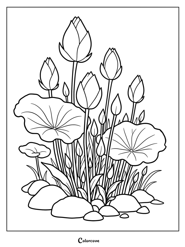 A black and white coloring page featuring multiple lotus flower buds rising above large lily pads and smooth river stones.