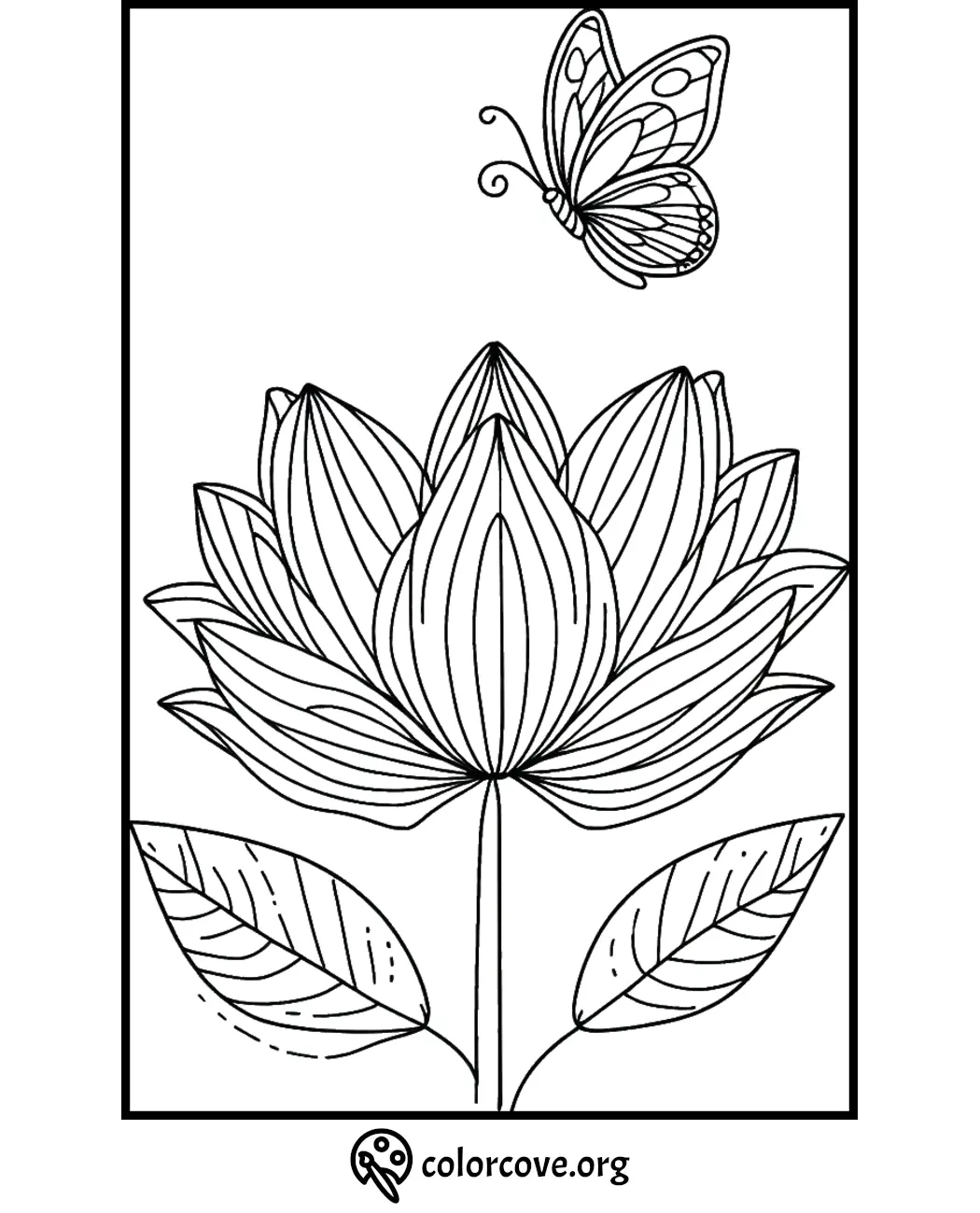 Lotus flower and butterfly coloring page for kids and adults, printable design for relaxation and creativity.