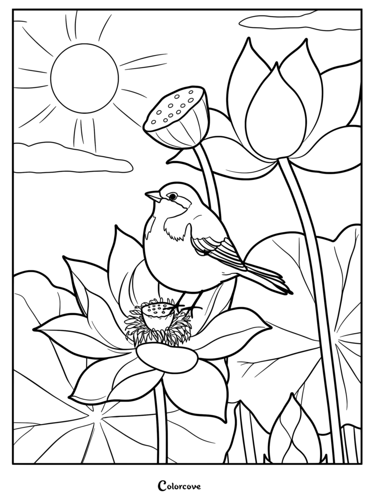 A small bird resting on a blooming lotus flower coloring page with a sunlit sky background.