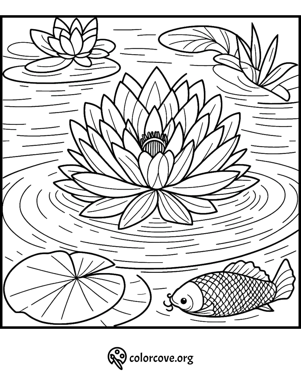 Coloring page of a koi fish swimming near a large blooming lotus flower on a serene pond.