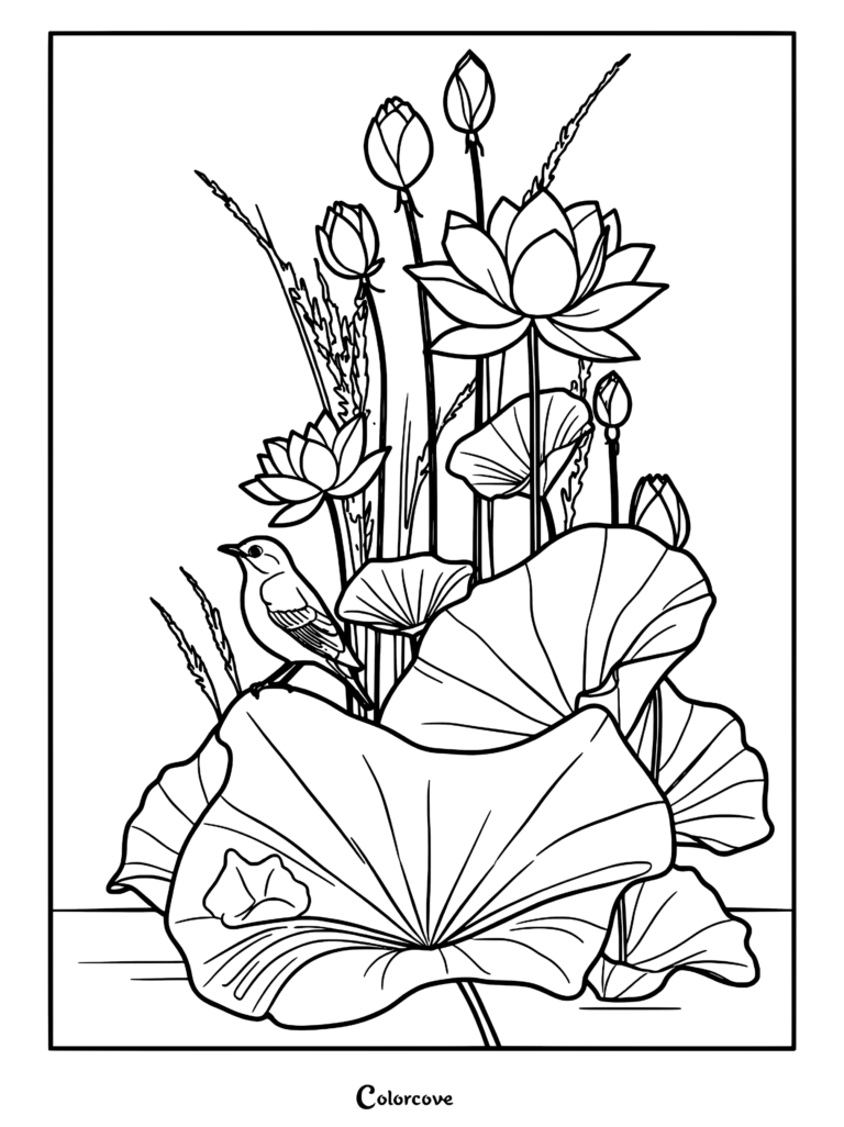 A small bird resting on a large lotus leaf surrounded by blooming lotus flowers and buds in this detailed coloring page.