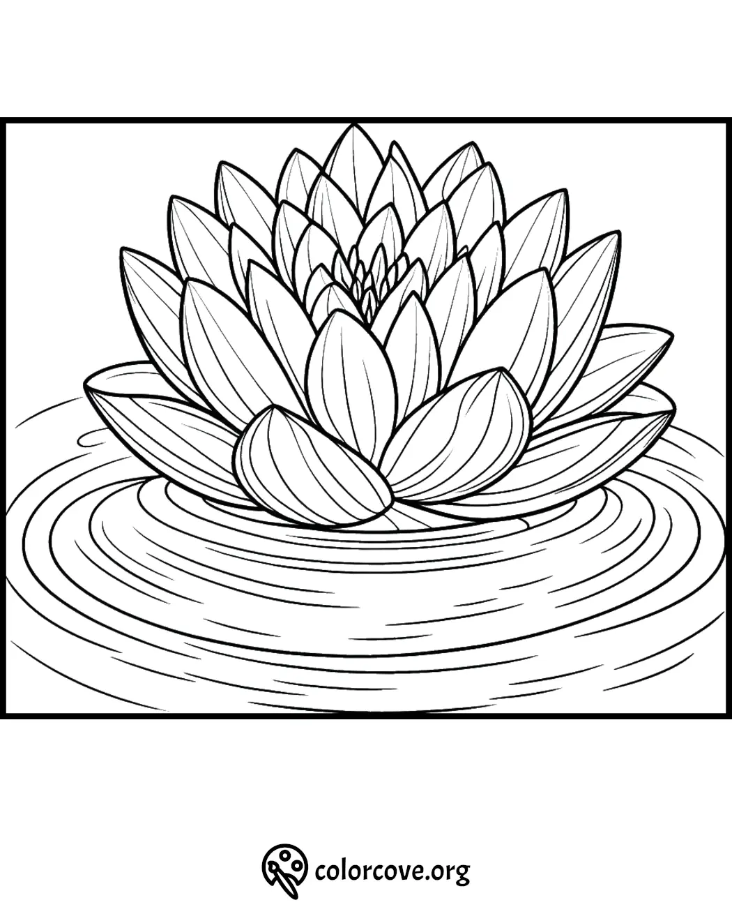 Lotus flower coloring page, detailed petals in bloom on water surface, perfect for mindfulness and relaxation activities.