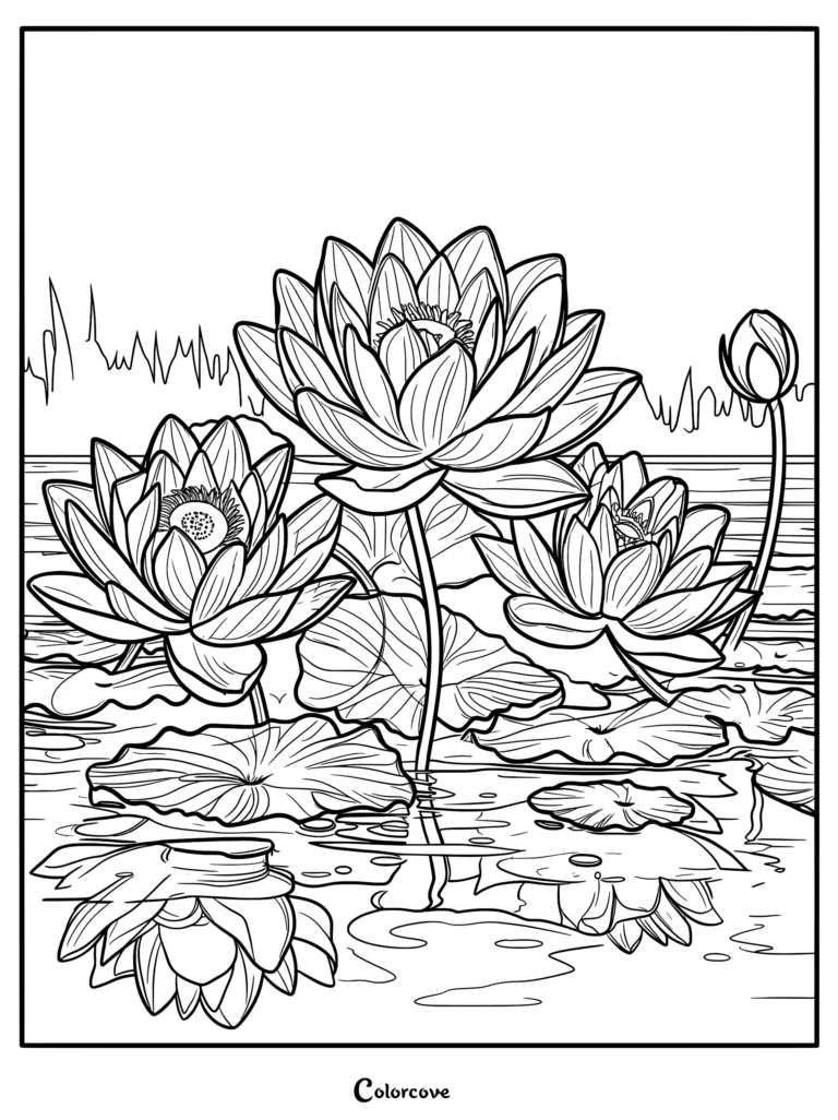 Detailed lotus flower coloring page featuring three blooming flowers and a bud floating on a pond with lily pads.