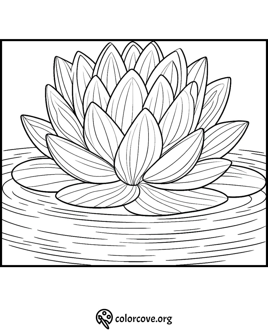 Lotus flower coloring page, intricate petal design, perfect for relaxation and creativity.