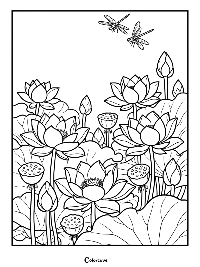 A detailed coloring page featuring blooming lotus flowers, seed pods, and two dragonflies flying above the pond.