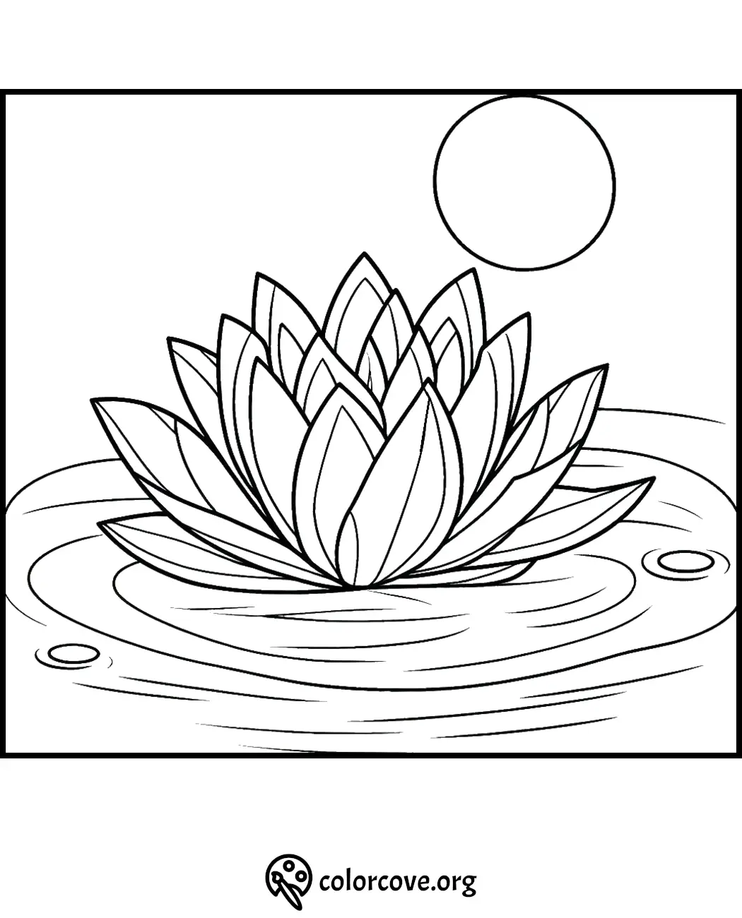 Lotus flower coloring page with sun and rippling water, perfect for relaxation and creativity.