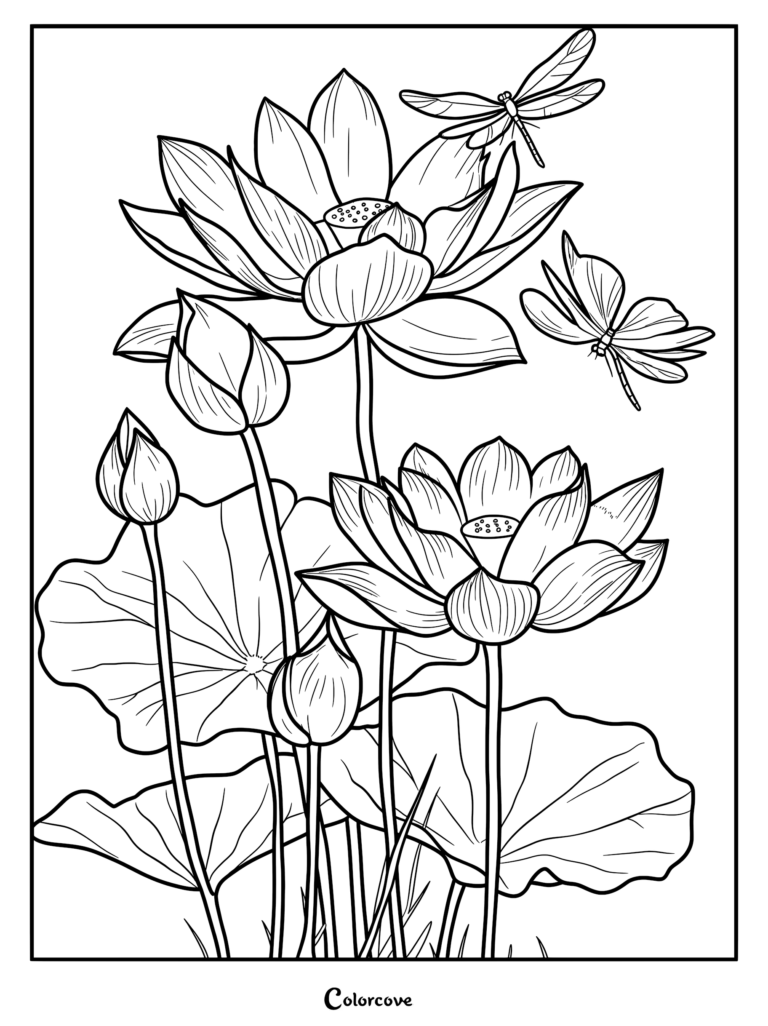 Detailed line art coloring page featuring blooming lotus flowers, buds, large lily pads, and two dragonflies hovering nearby.