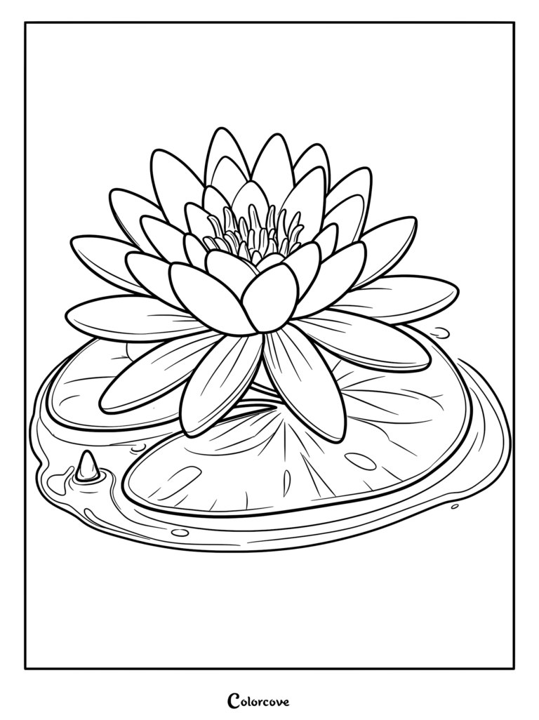 A detailed lotus flower blooming on a large lily pad, black and white line art coloring page.