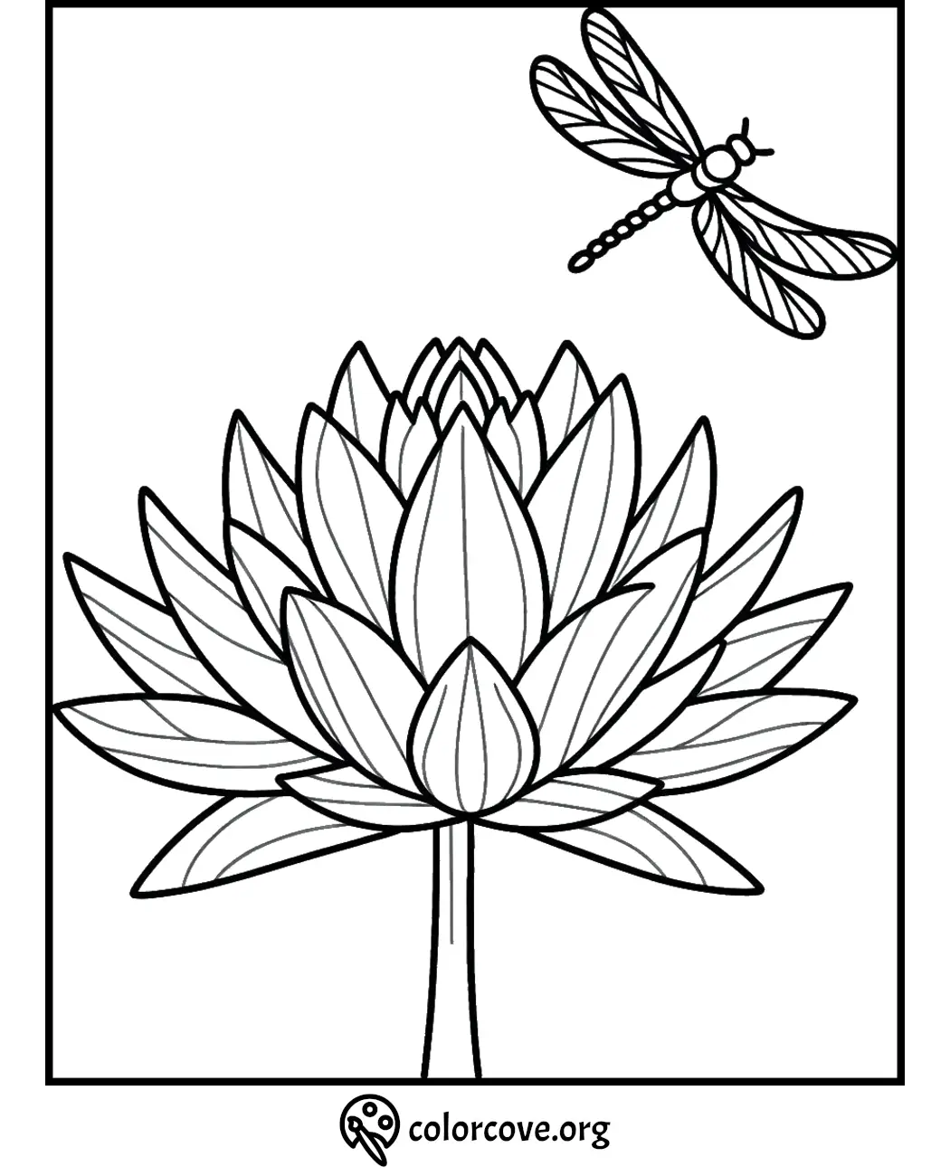 Coloring page featuring a detailed lotus flower and a dragonfly ready to color. Perfect for relaxation and creativity.