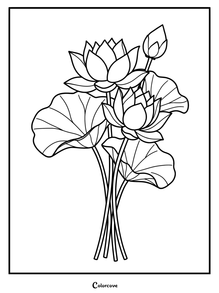 A line art coloring page featuring a bouquet of two blooming lotus flowers, a closed bud, and large lily pads.