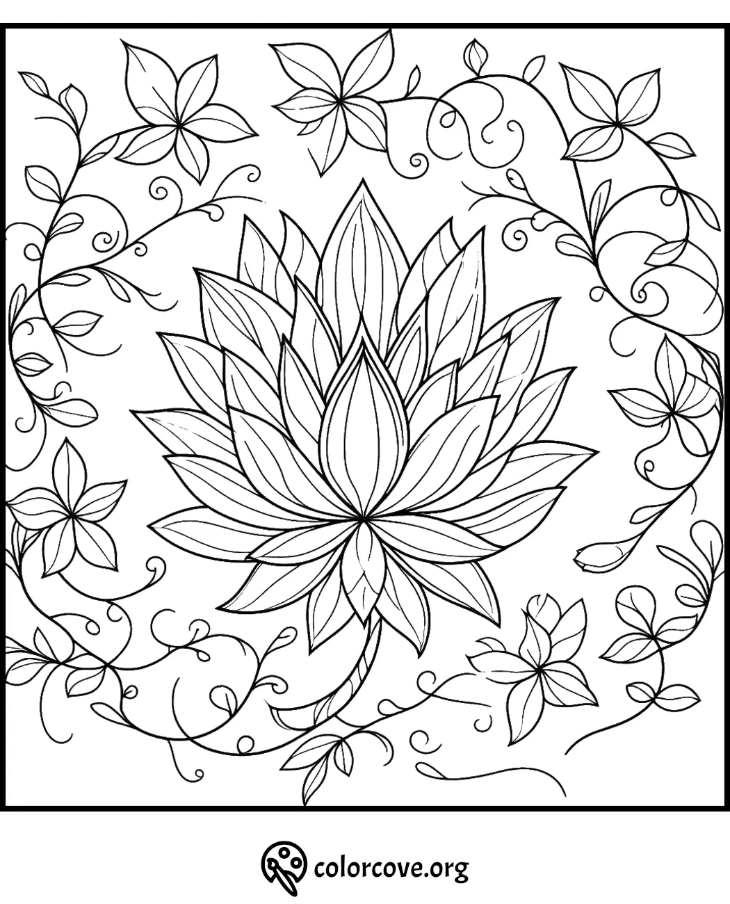 Intricate floral coloring page with a large blooming flower and swirling vines, perfect for stress relief and relaxation.