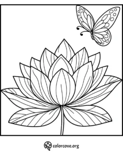 Lotus flower with butterfly coloring page, perfect for relaxation and mindfulness. Free download at colorcove.org.