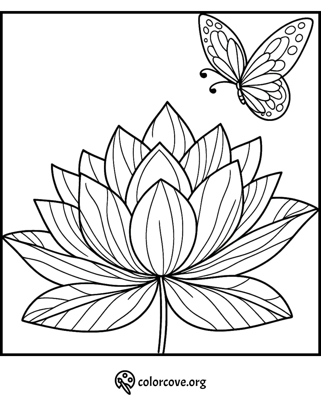 Lotus flower with butterfly coloring page, perfect for relaxation and mindfulness. Free download at colorcove.org.