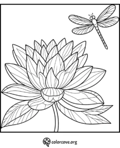Lotus flower and dragonfly coloring page, perfect for relaxation and creativity.