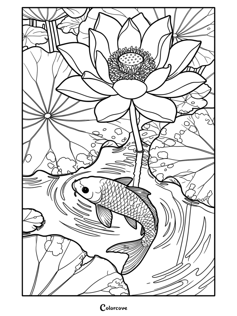 A detailed coloring page featuring a koi fish swimming in a pond beneath a large, blooming lotus flower surrounded by lily pads.