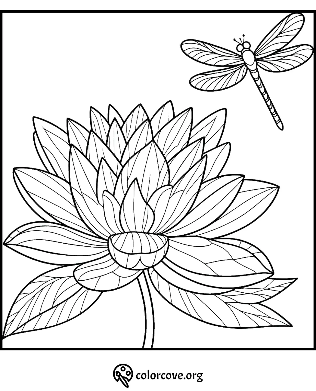 Lotus flower and dragonfly coloring page, perfect for relaxation and creativity.