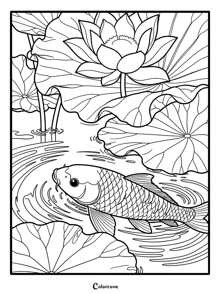 A detailed coloring page featuring a koi fish swimming in a pond beneath a large blooming lotus flower and lily pads.