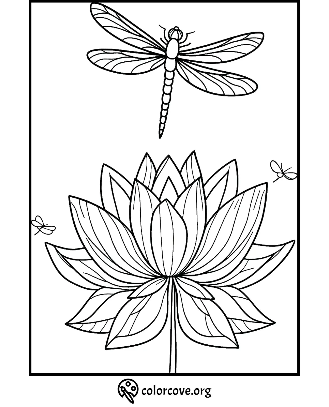 Dragonfly and lotus flower coloring page for relaxation and creativity. Perfect for nature-themed art activities.