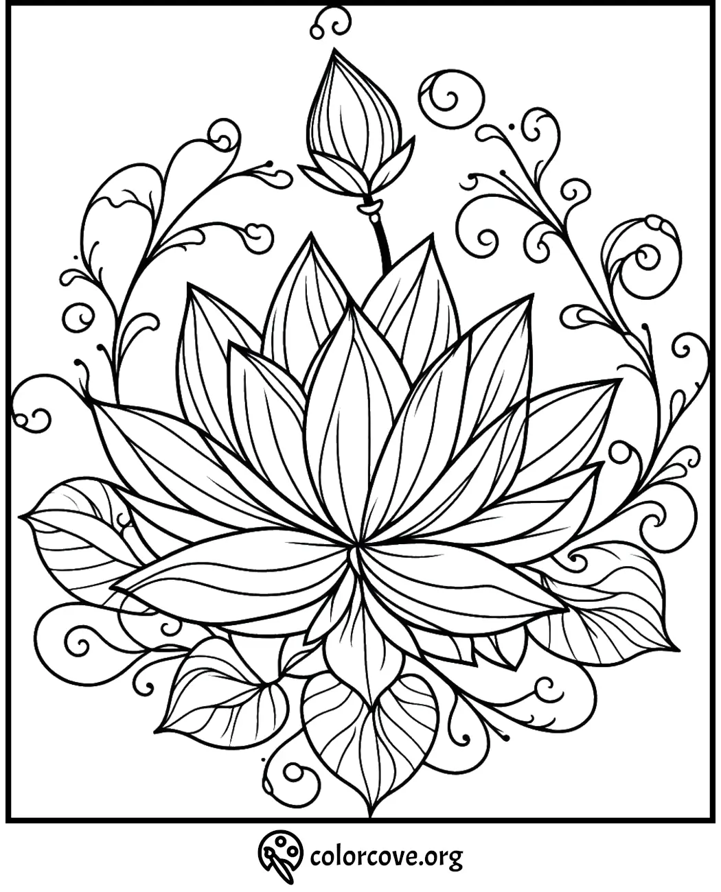 Detailed floral mandala coloring page with intricate lotus and swirling designs. Perfect for relaxation and creativity.