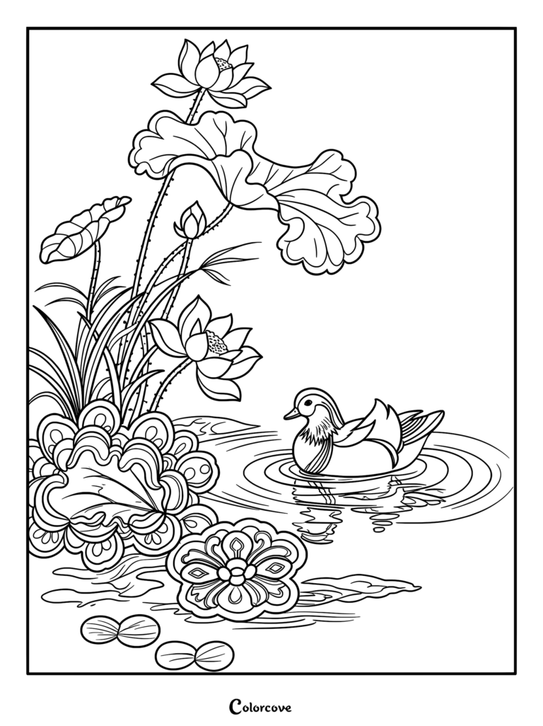 A printable coloring page featuring a Mandarin duck swimming in a pond near blooming lotus flowers and decorative lily pads.