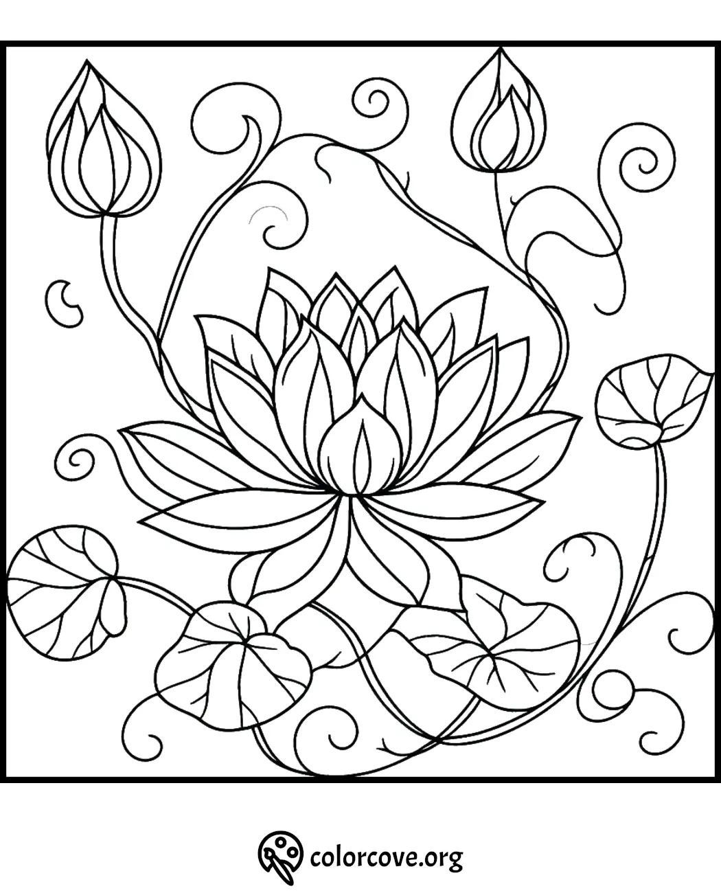 Lotus flower coloring page with intricate swirls and leaves, perfect for a relaxing art activity.