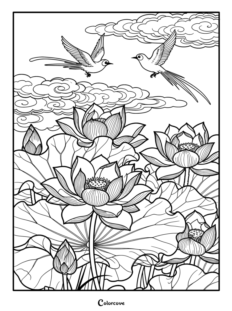 Two long-tailed birds flying over blooming lotus flowers and stylized clouds in this detailed line art coloring page.