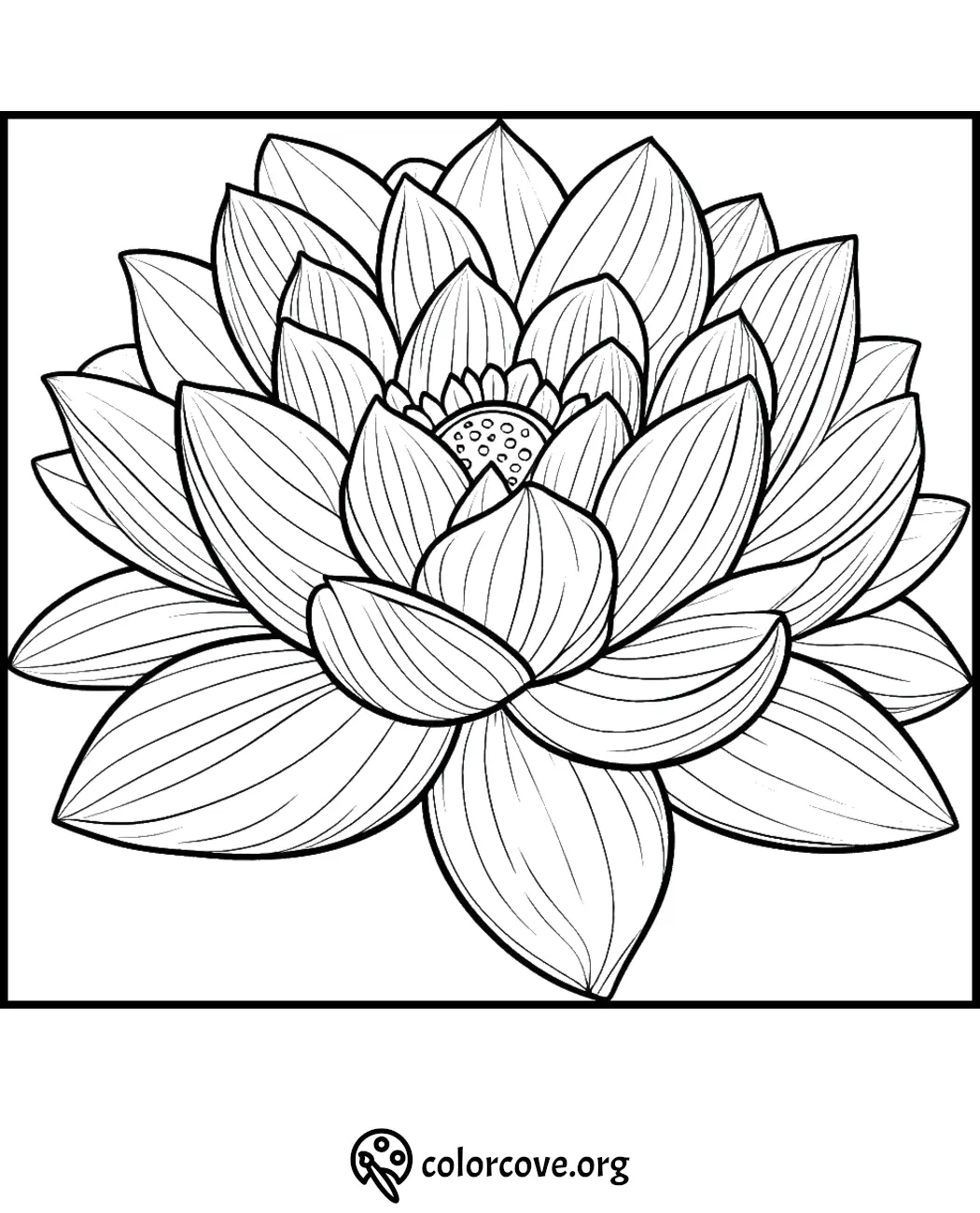 Lotus flower coloring page with detailed petals for relaxation and mindfulness activities.