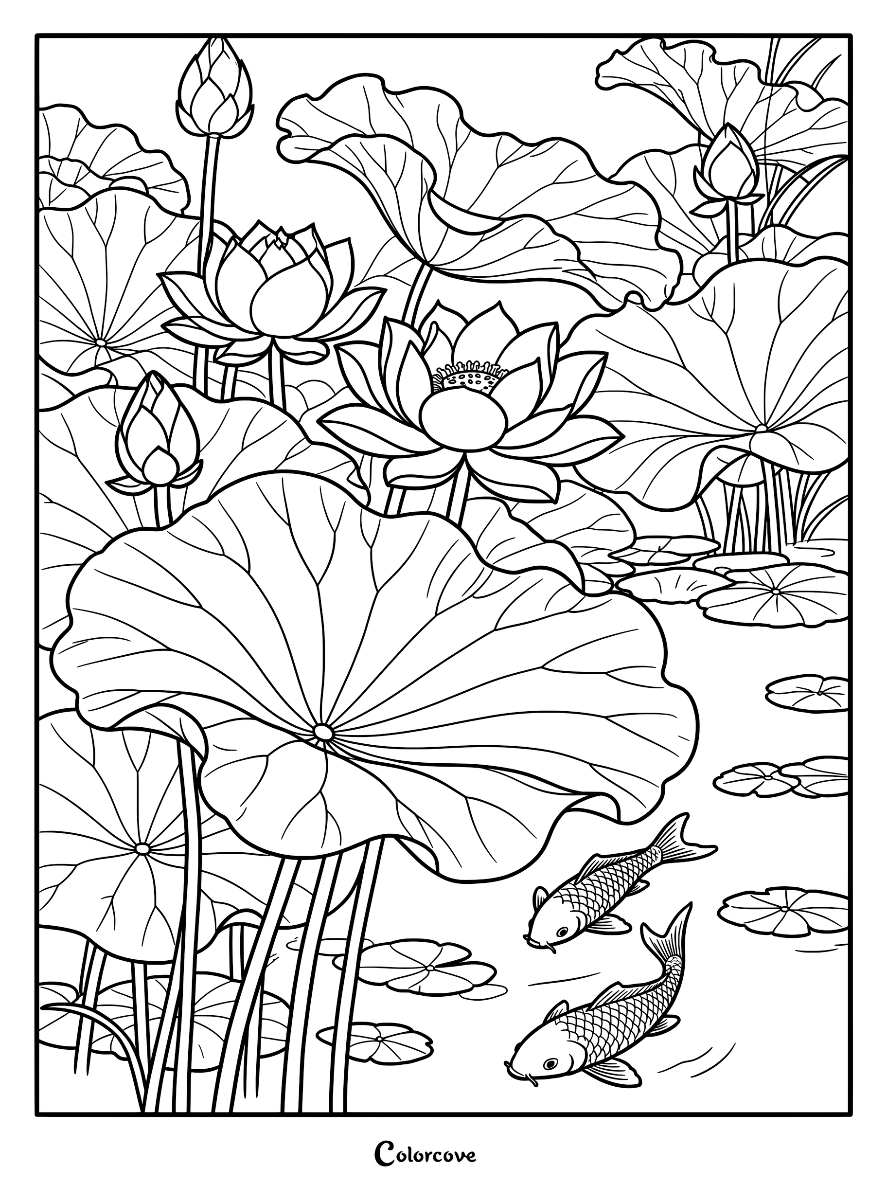 A detailed coloring page featuring blooming lotus flowers, large lily pads, and two koi fish swimming in a pond.