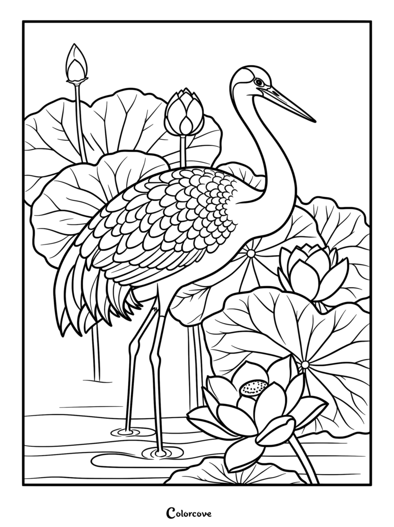A detailed coloring page featuring a graceful crane standing in a pond surrounded by blooming lotus flowers and large lily pads.