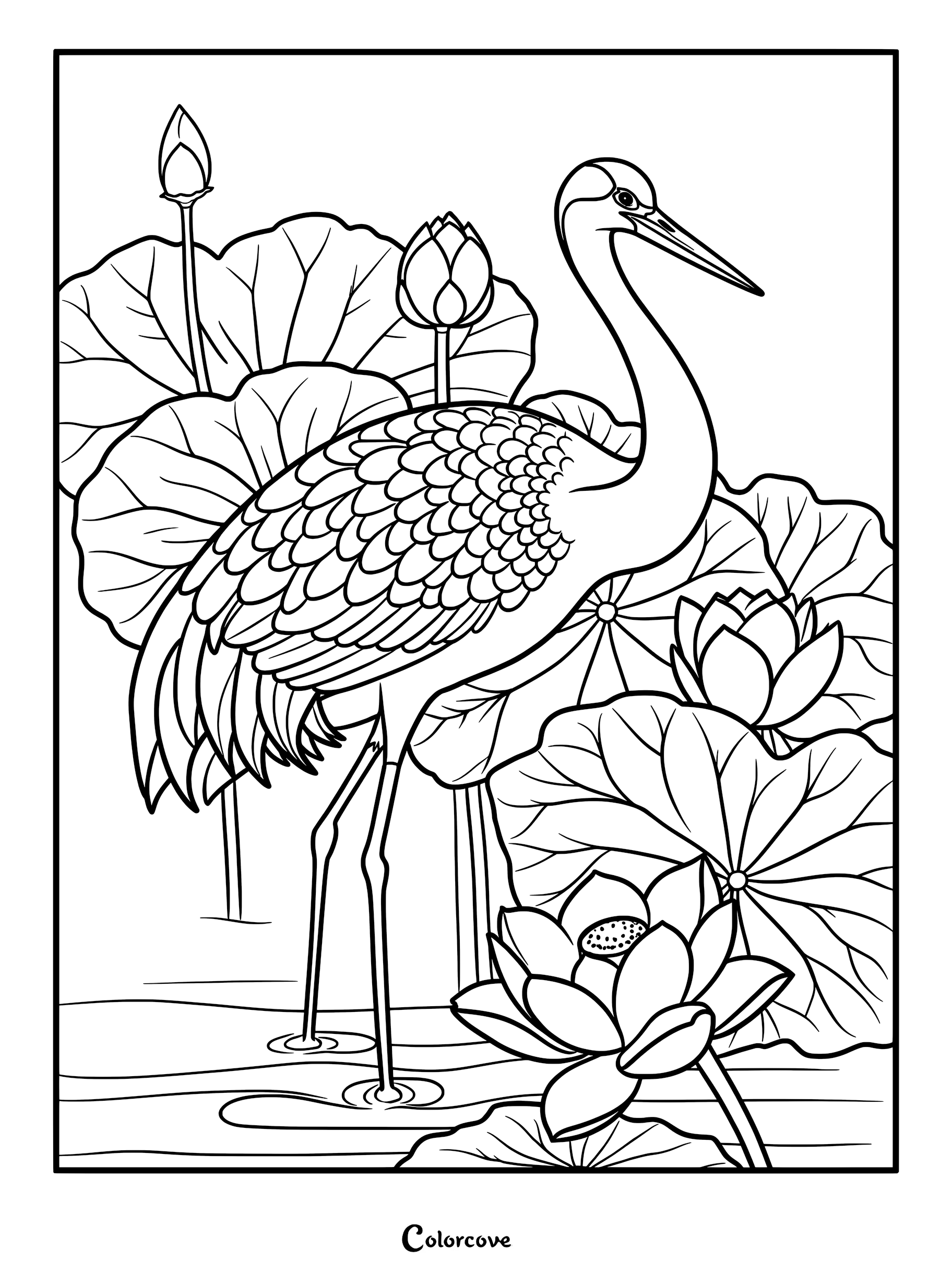 A detailed coloring page featuring a graceful crane standing in a pond surrounded by blooming lotus flowers and large lily pads.