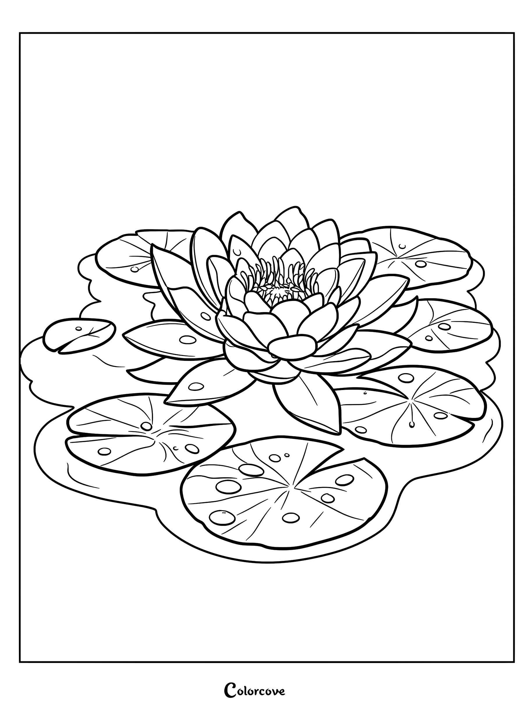 A detailed lotus flower blooming among circular lily pads on a pond, presented as a printable coloring page.