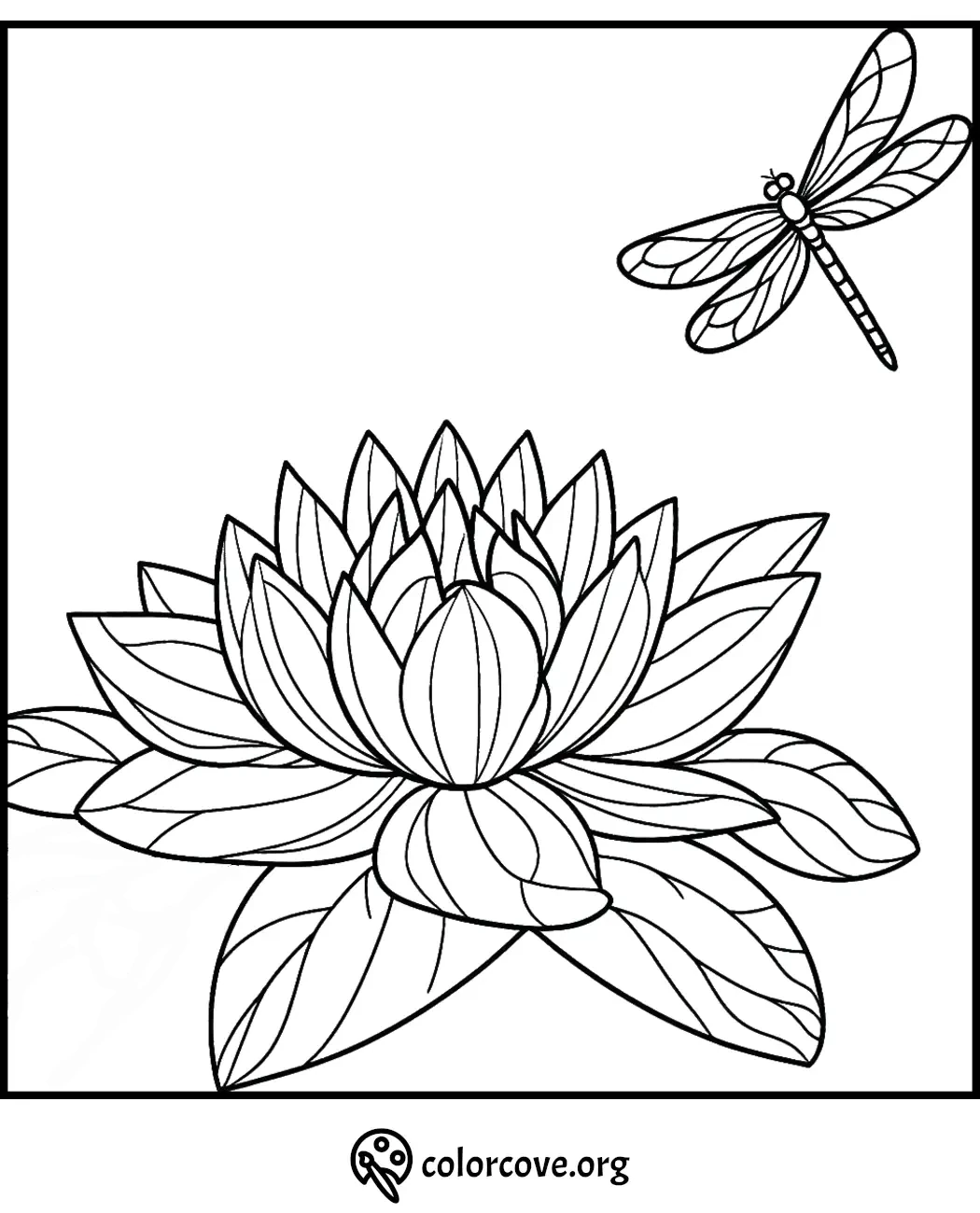 Lotus flower and dragonfly coloring page, perfect for relaxation and creativity. Download and print for free at colorcove.org.